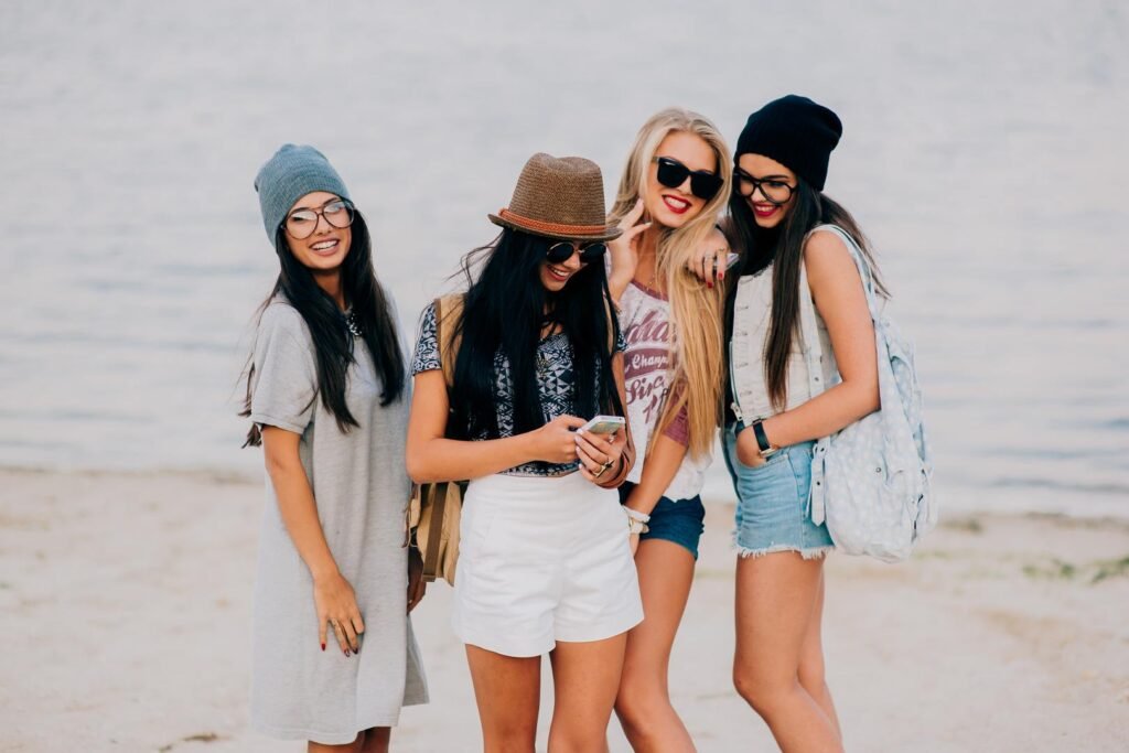 Four young girls on the beach